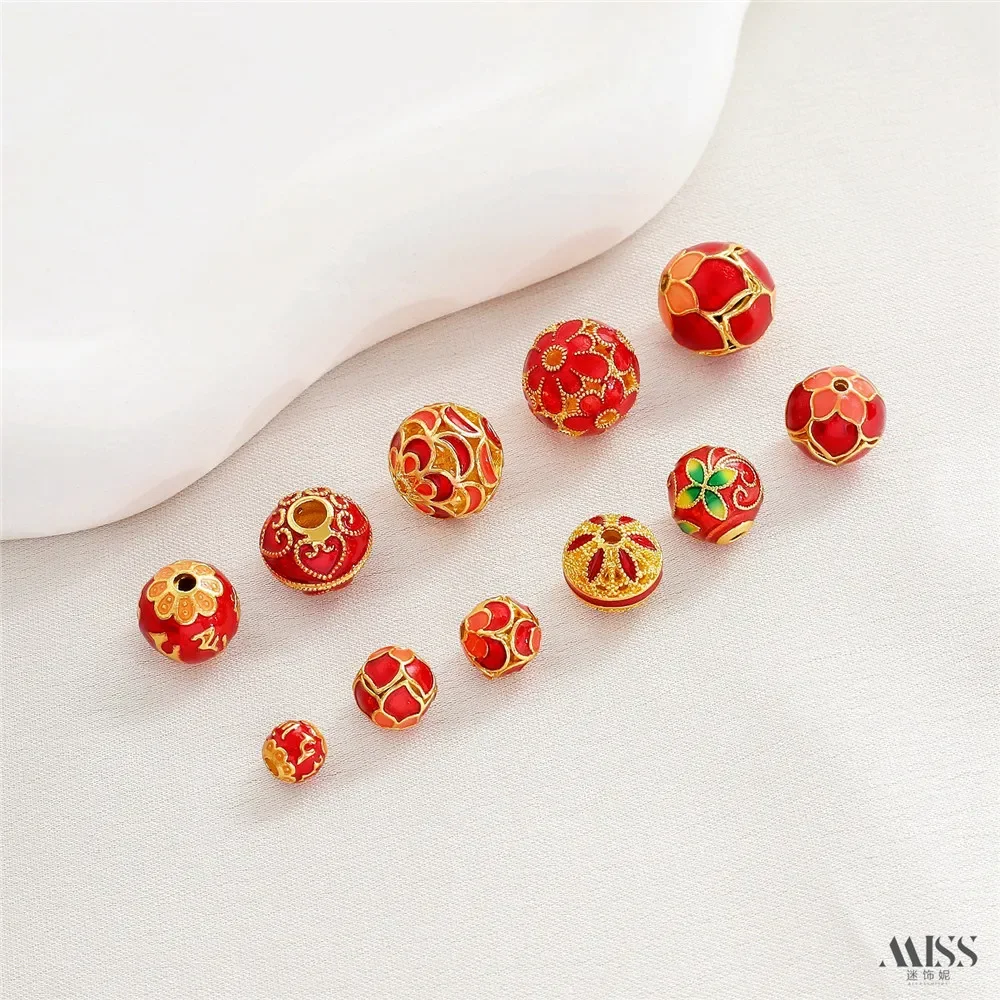 Color Retention 18K Cloisonne Burnt Blue Enamel Color Red Round Bead Diy Flower Ball Bracelet Red Jewelry Accessories