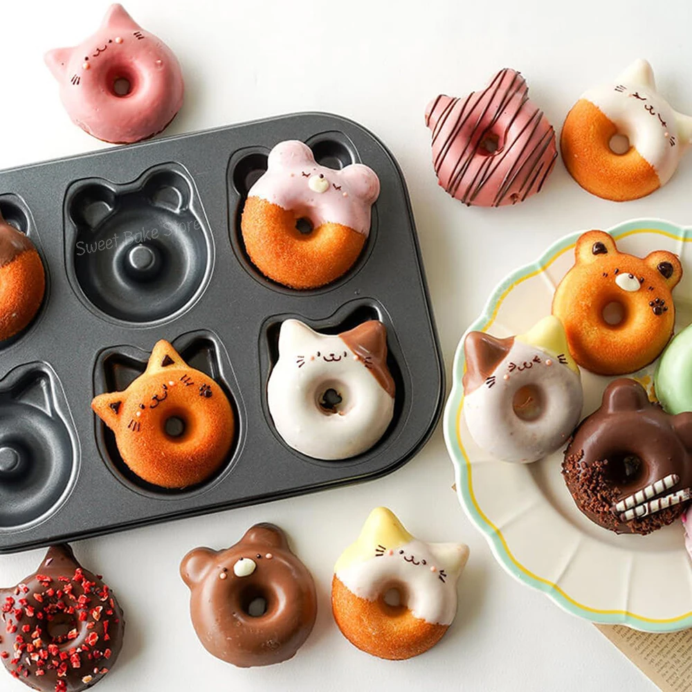 6-Cavity Cute Carbon Steel Cat & Bear-Shaped Donut Mold, Non-Stick Doughnut Cake Pan, for Home Baking, DIY Kitchen Accessories