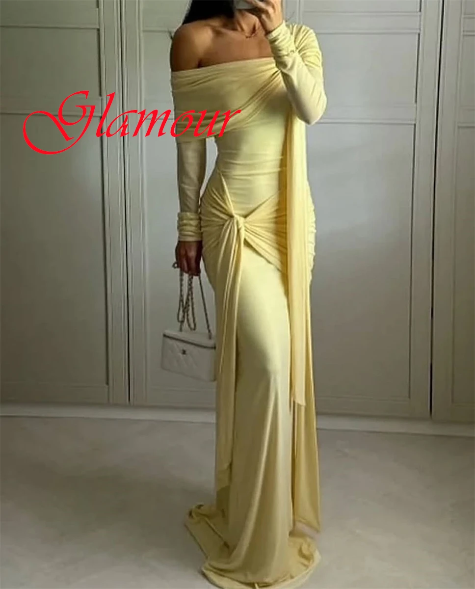 

Customized Exquisite Yellow Jersey Evening Dress Modern Strapless Off the Shoulder Long Sleeves Mermaid Special Occasion Gowns