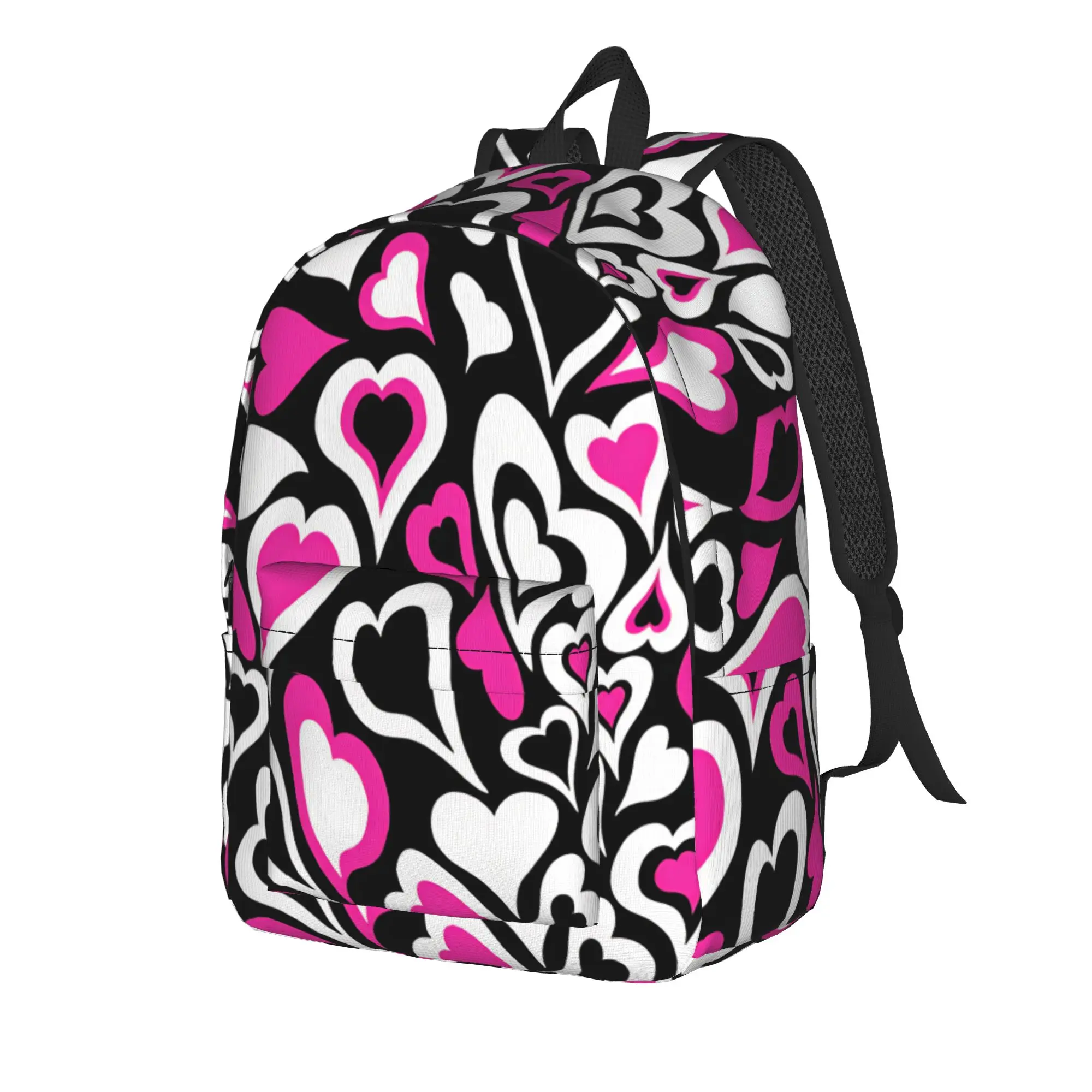 Hot Pink Black White Layered Hearts Backpack  Female Polyester Travel Backpacks Print Kawaii High School Bags Rucksack