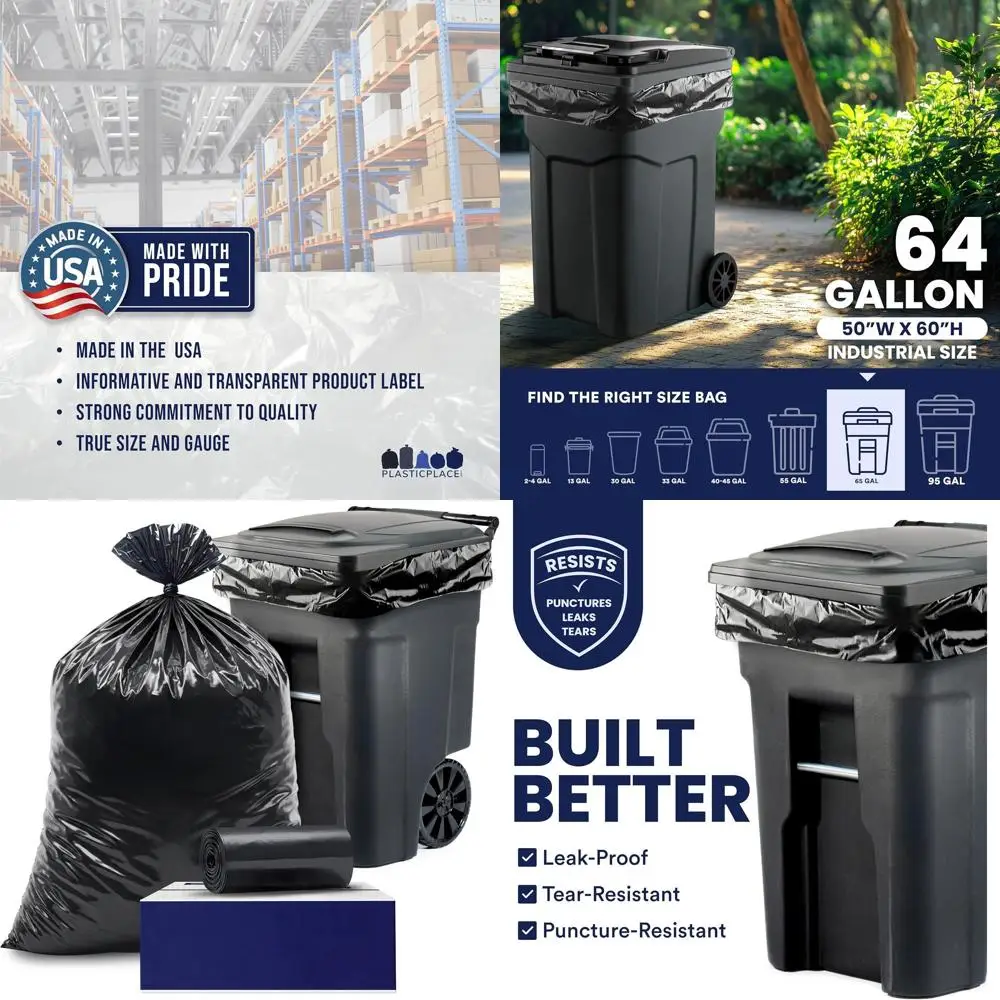 

Heavy-Duty 64-65 Gallon Black Trash Bags, Industrial-Strength, Leak-Resistant, 25-Pack, 1.2 Mil, 50 x 60 for Kitchen and Commerc