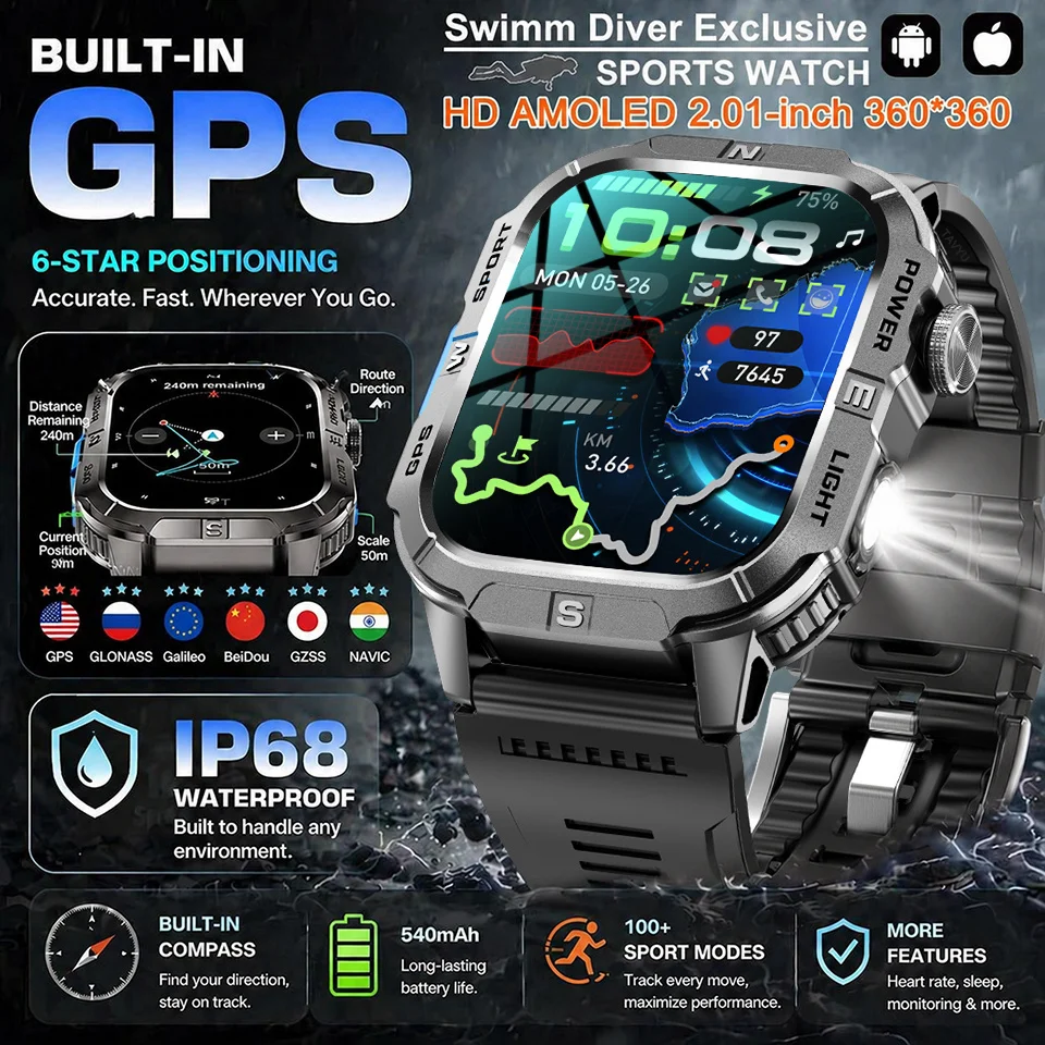 

2026 New Built-in GPS Position 2.01-inch Smart Watch Military Compass Swim IP68 Bluetooth Call Compass 100+Sports Smartwatch iOS