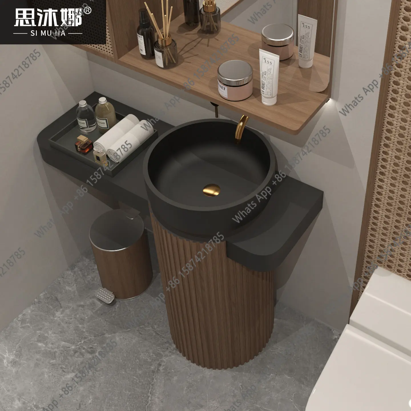 Medieval walnut pattern column basin floor wash basin bathroom countertop custom integrated washbasin cabinet
