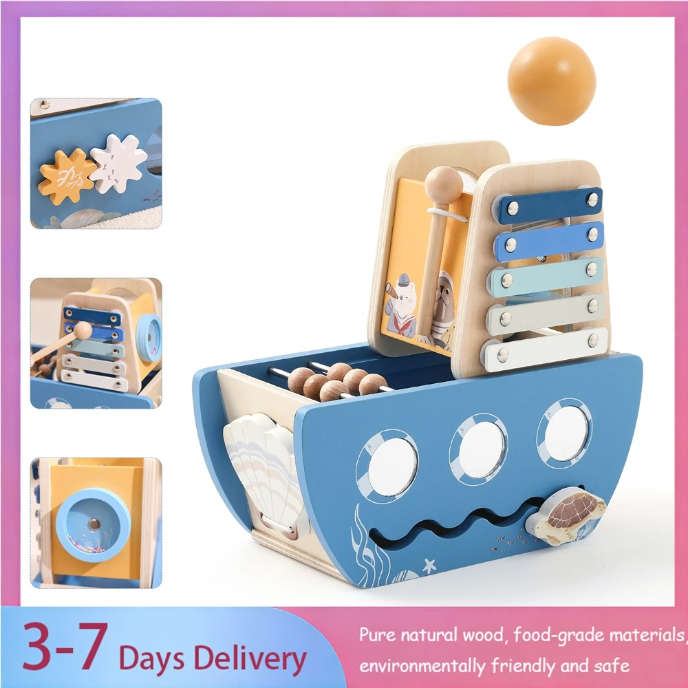 Bebê de madeira montessori brinquedos dos desenhos animados navio de madeira multi-função jogo música percussão brinquedo sensorial brinquedos educativos para recém-nascidos