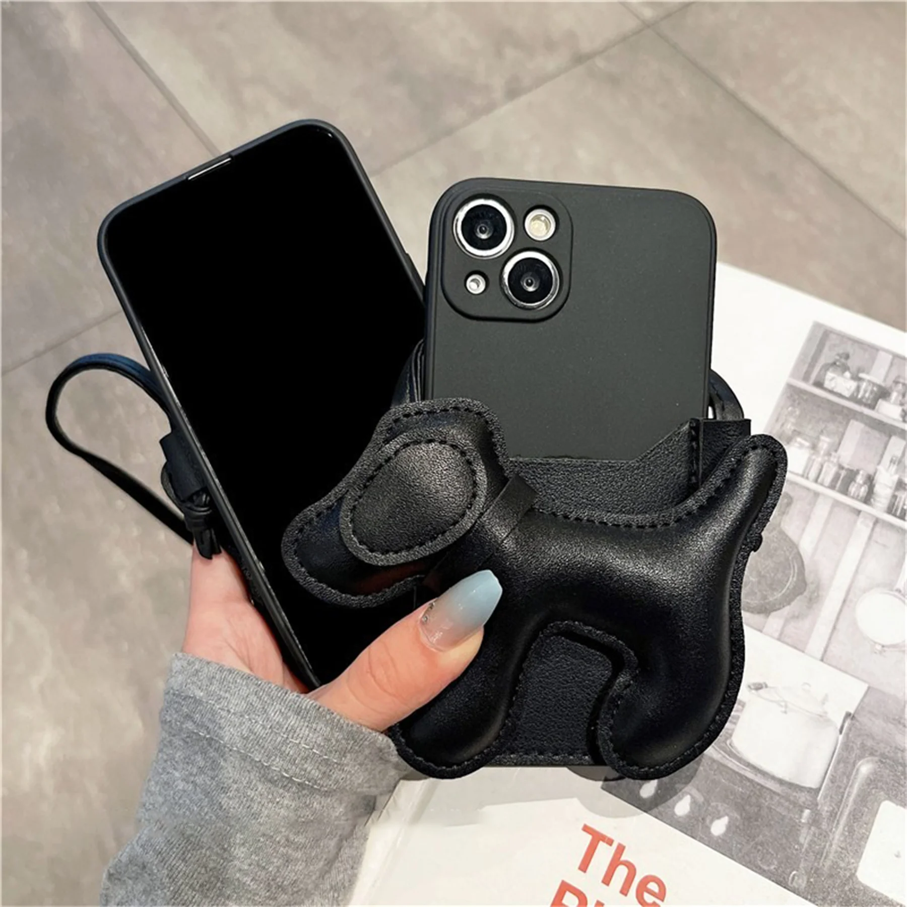 Korean Simple Luxury Black Crossbody Lanyard Leather Strap Dog Card Holder Case for iPhone 11 12 13 14 15 Pro Max Soft Cover