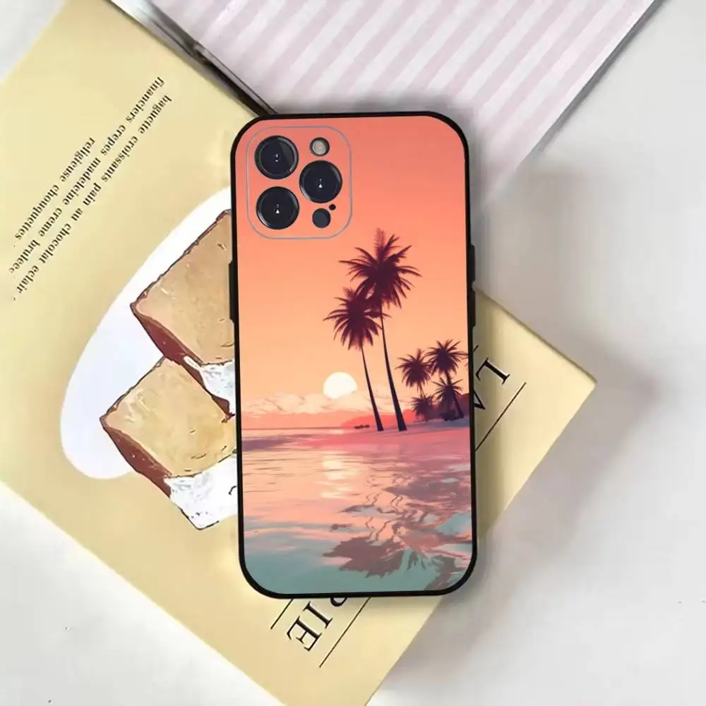 Palm Tree Beach Summer Phone Case For iPhone17,16,15,14,13,12,11 Plus,Pro Max,Soft Black Cover