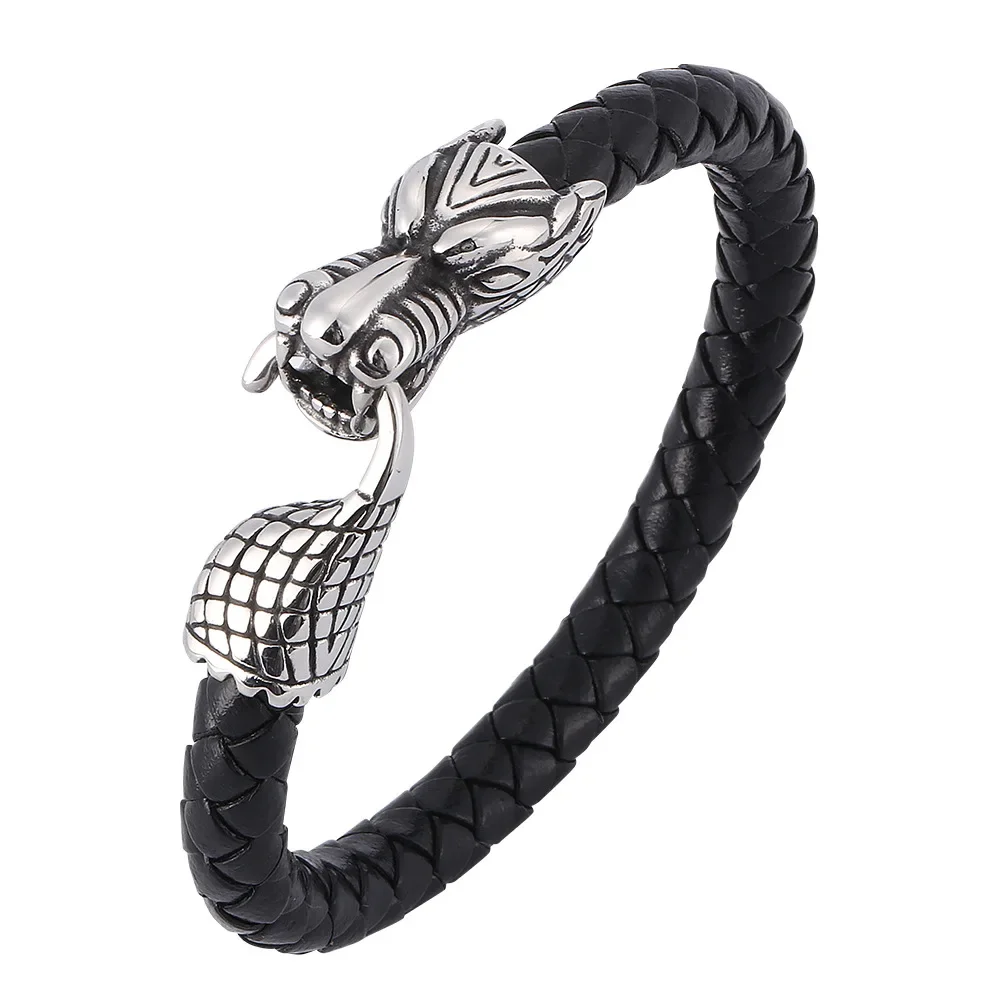 

Stainless Steel Dragon Head Woven Leather Rope Leading Men's for Bracelet Bangle