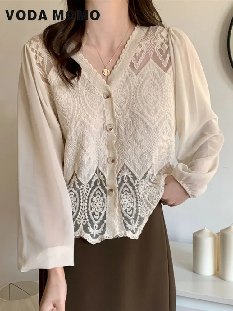 Spring Women French V-Neck Puff Long Sleeve Lace Cropped Cardigan Style Button Down Embroidery Floral Shrug Jacket Sheer Mesh