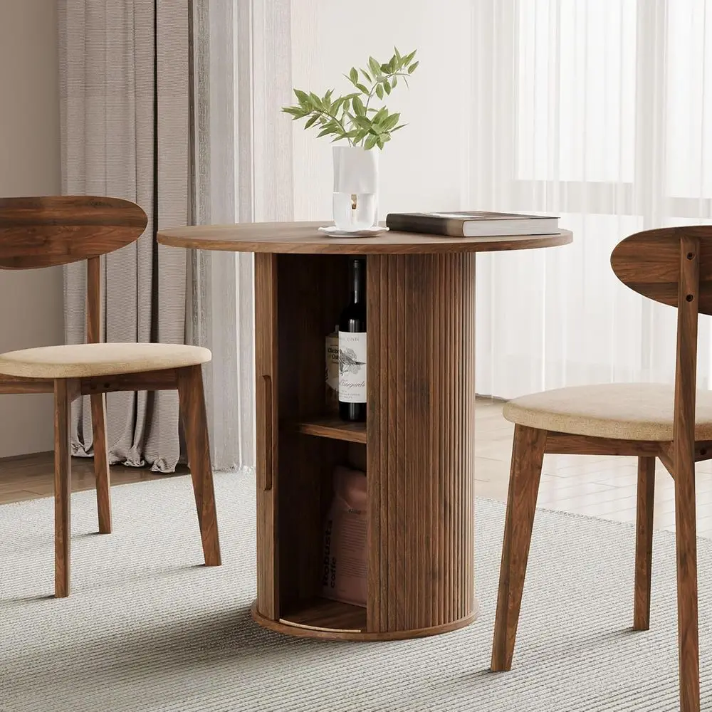 

Round 31.5 Dining Table with 2-4 Seating, 2-Tier Storage Kitchen Table, Wooden Circular Dining Table with Pedestal Base, Walnut