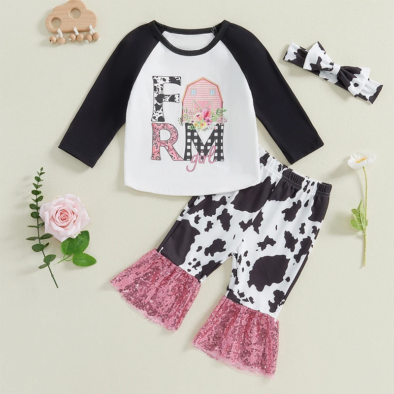 Adorable Baby Girl 2-Piece Cowgirl Outfit with Long Sleeve Top and Western Print Flare Pants - Cute Toddler Clothing Set