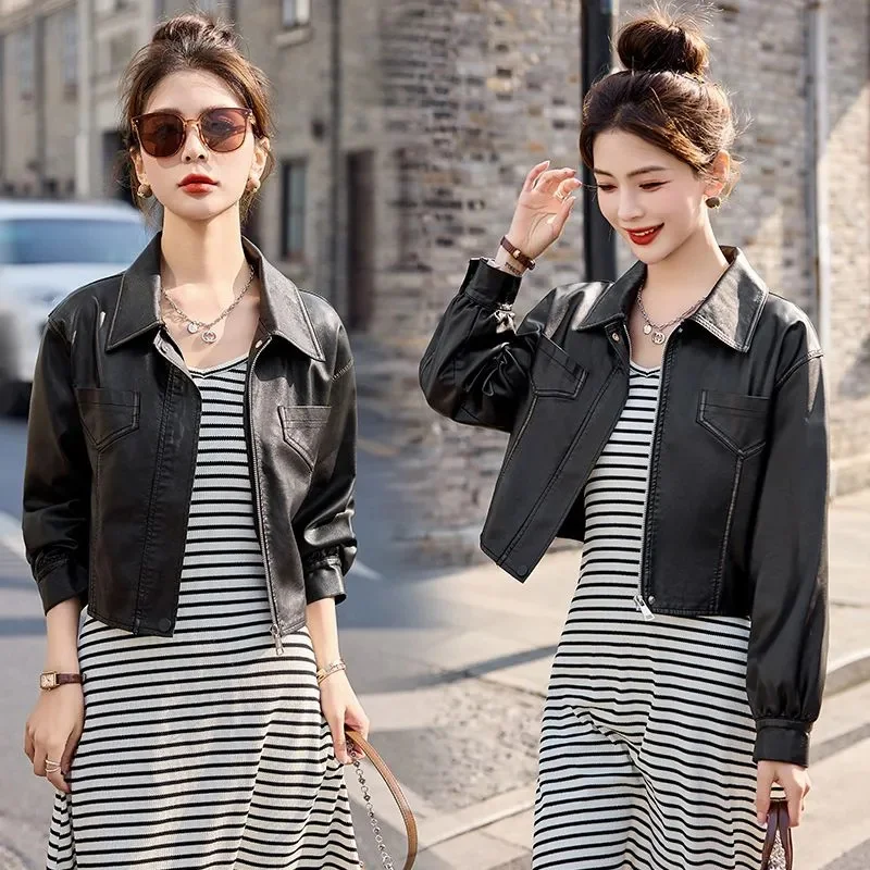 Chaqueta de cuero de otoño para mujer, abrigo de cuero PU para mujer, chaquetas de cuero holgadas cortas a la moda para motocicleta, abrigos para mujer 2025 ﻿