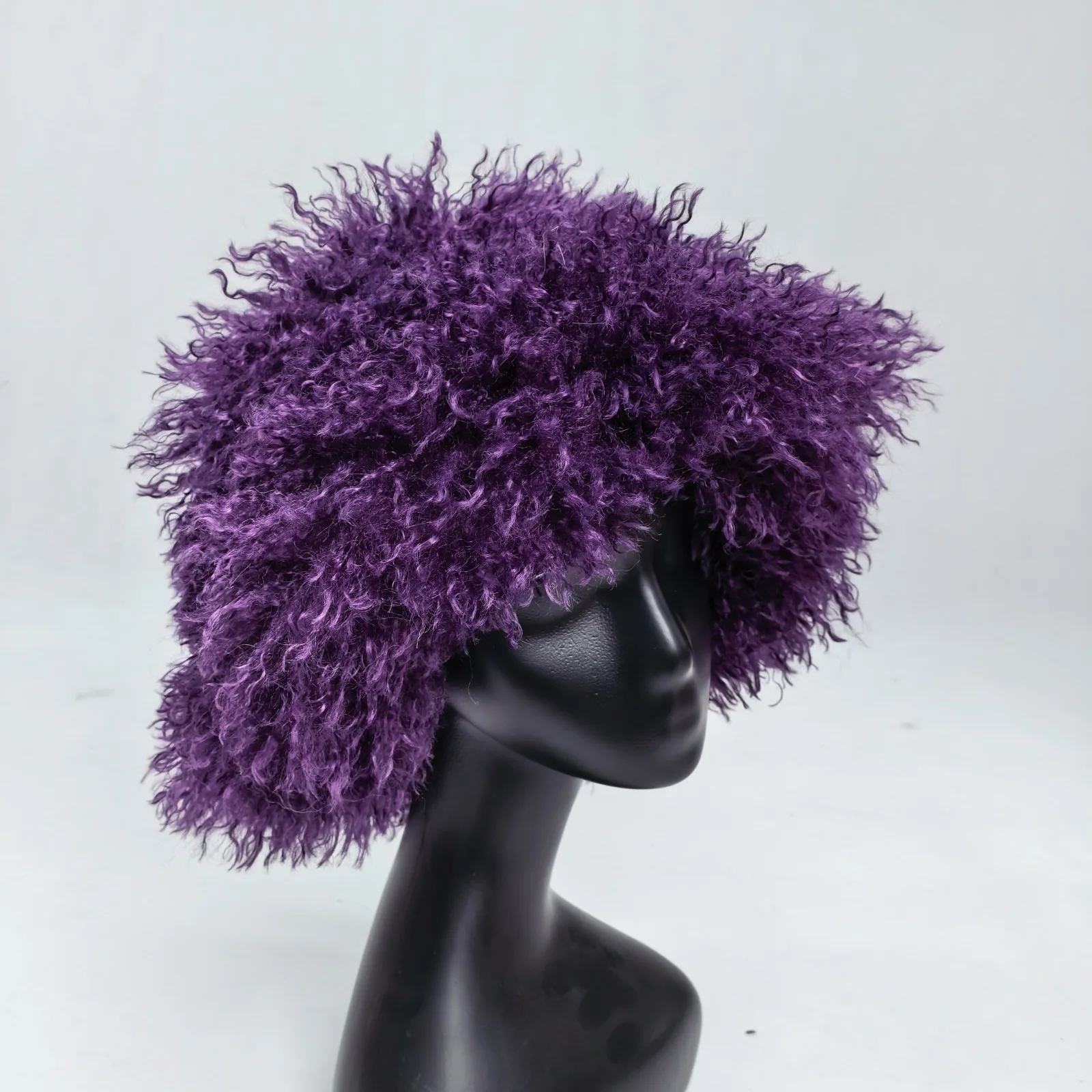 Fluffy Purple Curly Lamb Fur Bucket Hat Women Oversized Warm Shearling Fuzzy Big Brim Ski Panama Caps Y2K Streetwear Sombrero