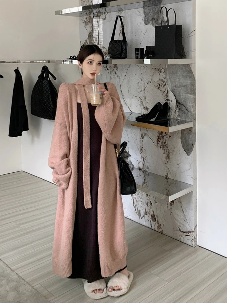 

Женское длинное свободное вязаное пальто больших размеров для полных женщин, осенне-зимнее, модное, повседневное, стройнящее, с высокой талией, в стиле юбки