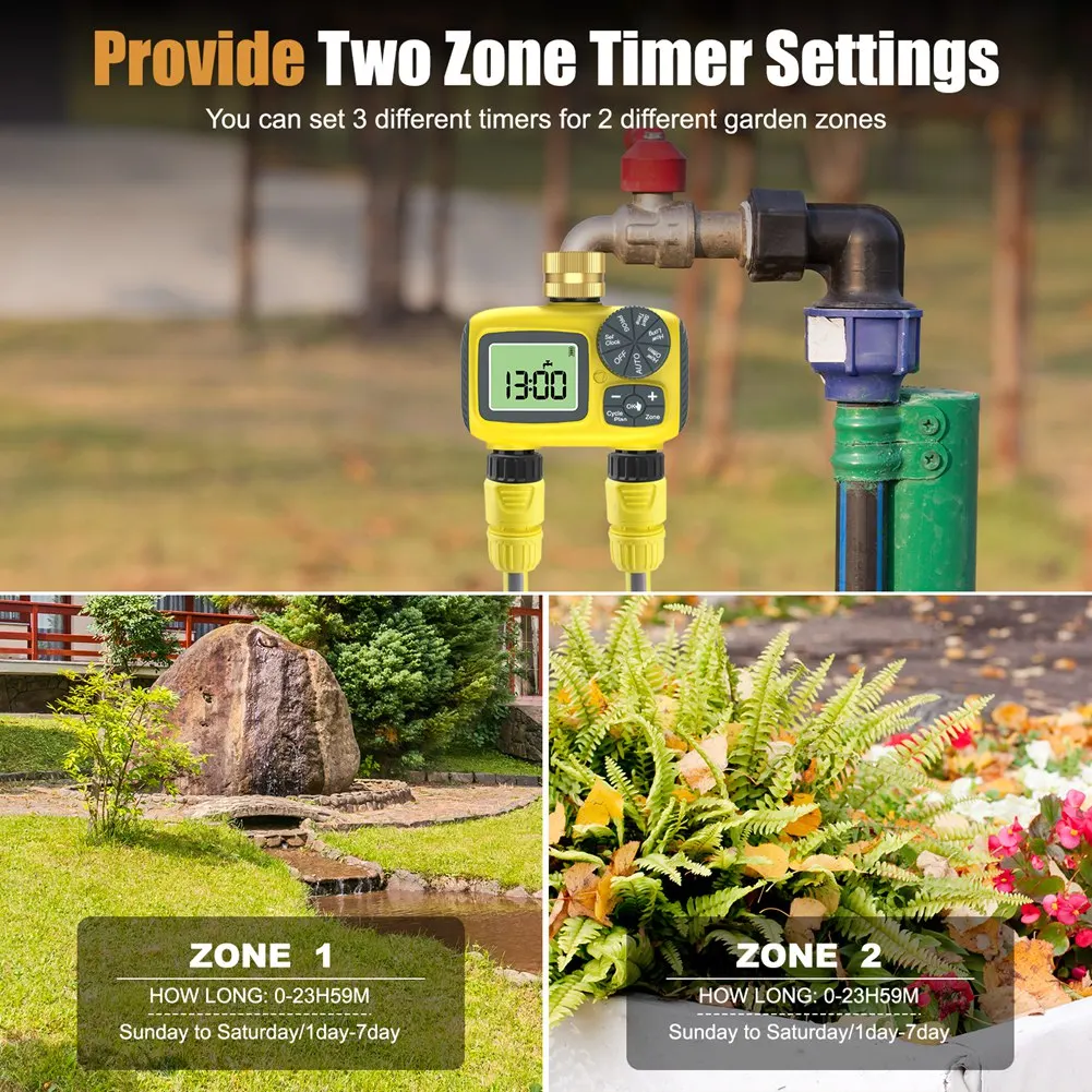 

BMBY-Automatic Dual-Zone Garden Watering Timer With LCD Display, Child Lock Feature And Rain Delay Function