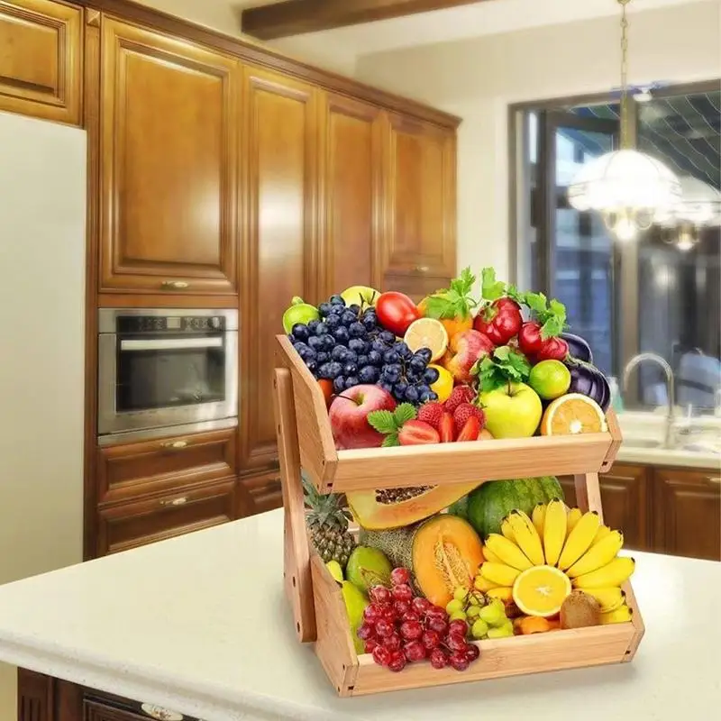 Fruit Basket For Kitchen Counter Large Capacity Vegetable Basket 2 Tiers Wooden Fruit Holder Multi-Tiered Storage Shelf