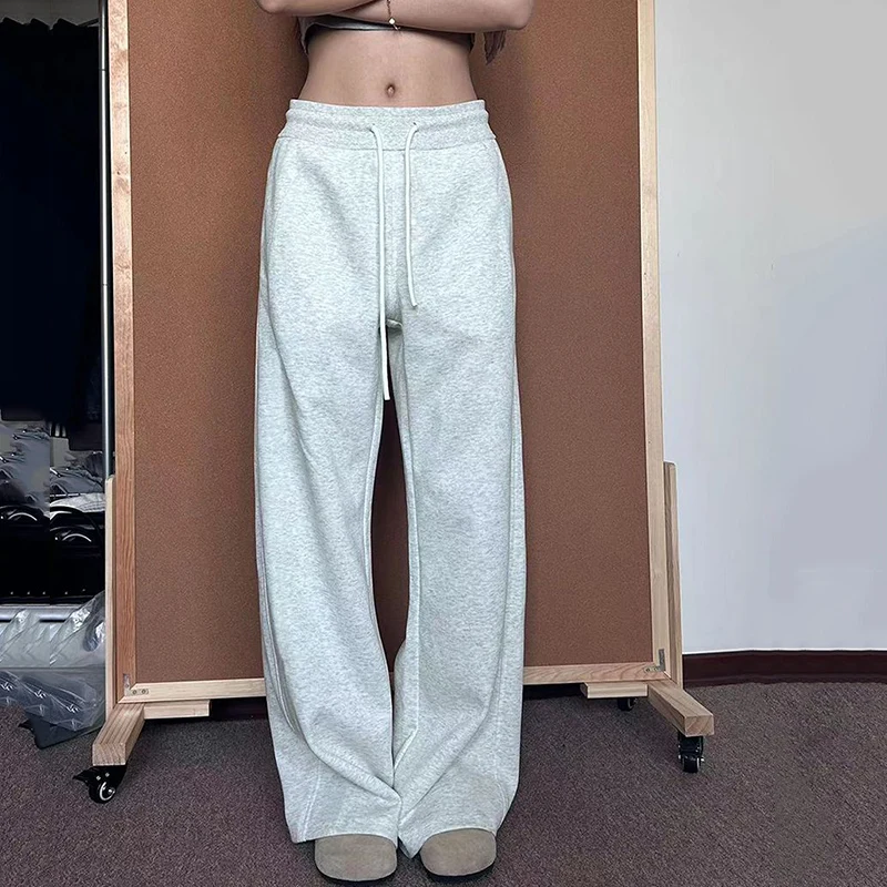 Rimocy American Gray Slim Pants Straight Pants Women Casual Drawstring Wide-leg Sweatpants Woman High Waist Loose Trousers Mujer