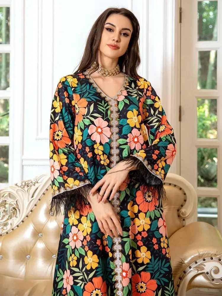 Fashion Floral Print Diamonds Feathers Long Sleeve Abaya Dubai Turkey Muslim Islam Saudi Arabia Kebaya Robe Dress