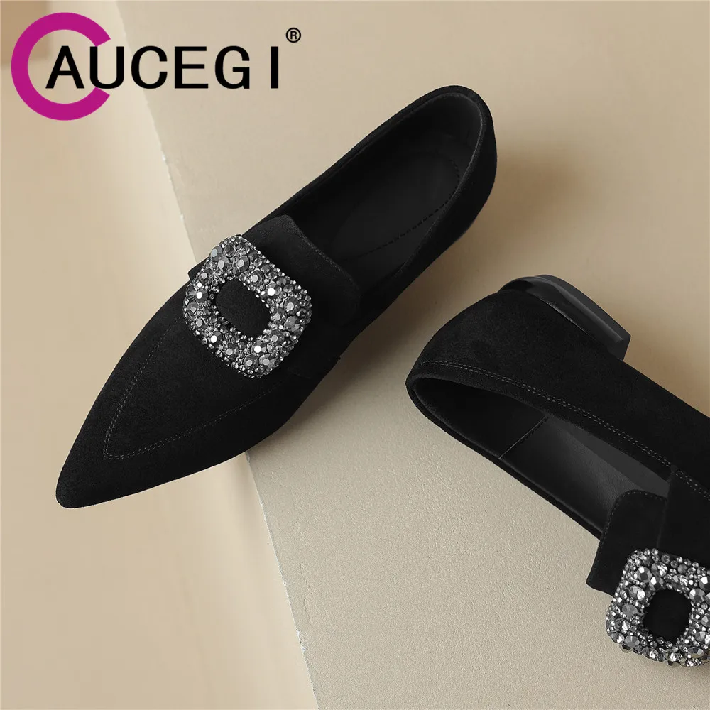 

Aucegi Hot Sale Women Kid Suede Flat Heel Rhinestone Sweet Square Buckle Shallow Work Pointed Toe Party Dress Handmade Shoes