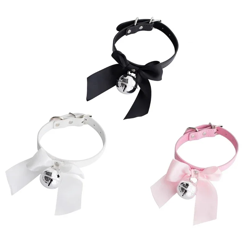 

Lolitas Leathers Choker Collar for Women Punk Necklace Bows Bells Choker Necklace Girls Cosplay Bells Chokers