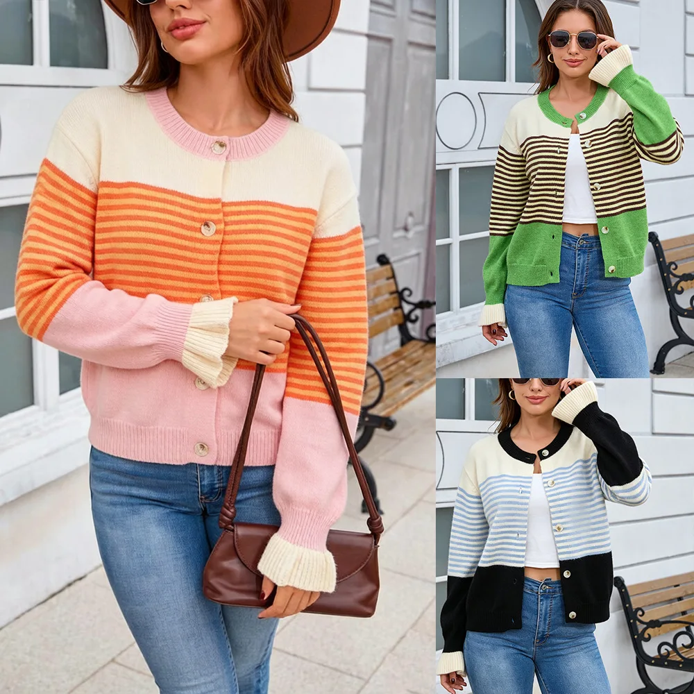 MsChuh Women's Sweaters And Cardigans Button Up Color Block Striped Knit Flared Sleeve Ropa Mujer Fashion Dating Chic Clothes
