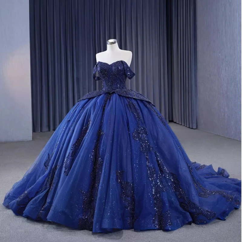 Customized Original Style Navy Blue Quinceanera Dresses For 15th Year Old Cap Sleeve Lace Applique Big Puffy Prom Party Gown