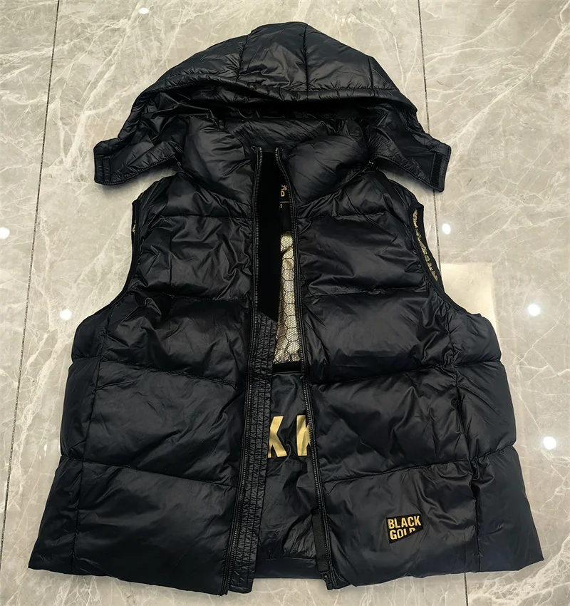 Gilet in piuma d'oca di fascia alta Avvertimento Giacca esterna 2025 Cappotto invernale in piumino corto con cappuccio ispessito senza maniche per uomo e donna
