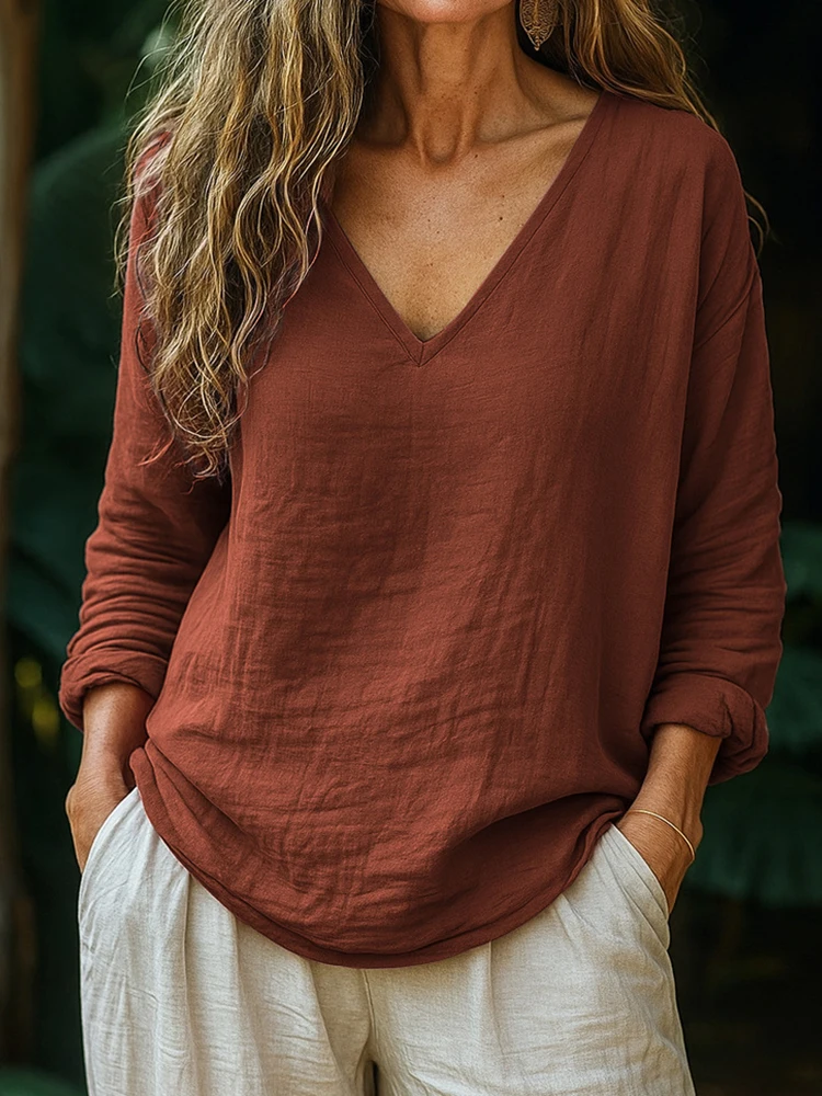 

Women's Casual V Neck Pullover Blouse Long Sleeve Patchwork Chic Top Spring Autumn Solid Loose Simple Ladies Shirts Fashion 2025