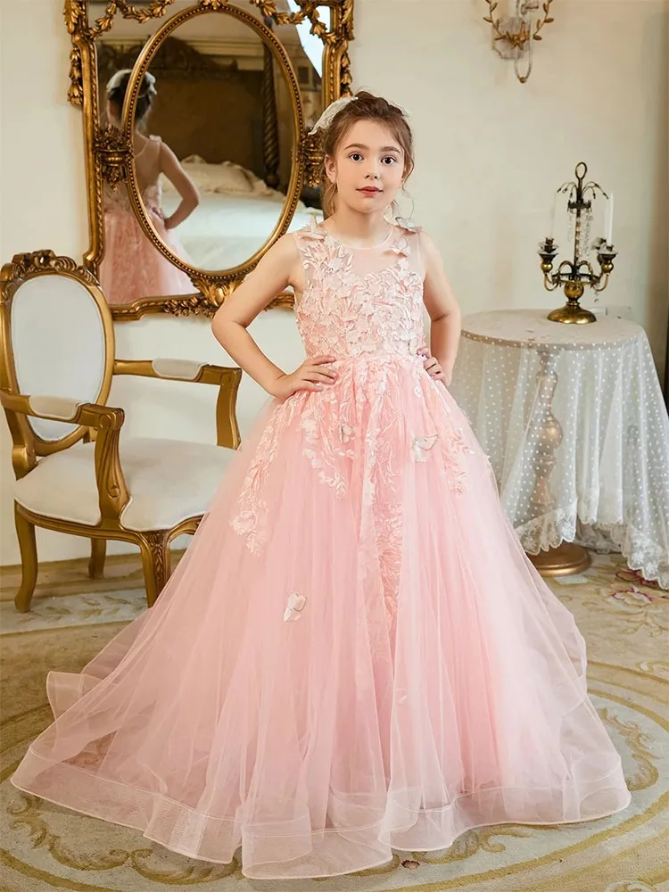 

Exquisite Pink Flower Girl Dresses For Wedding Lace Applique Tulle Sleeveless Pageant Princess Kids Birthday Party Ball Gown