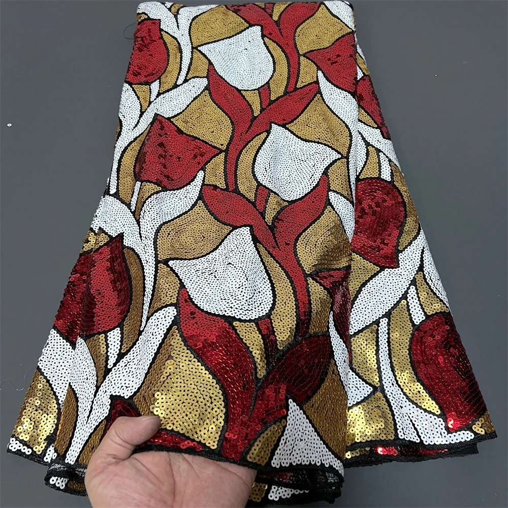 

Latest 2025 African Nigerian Guipure Embroidery Sequins Tulle Lace Fabric High Quality for Sewing Dresses 5Yards ZJ083