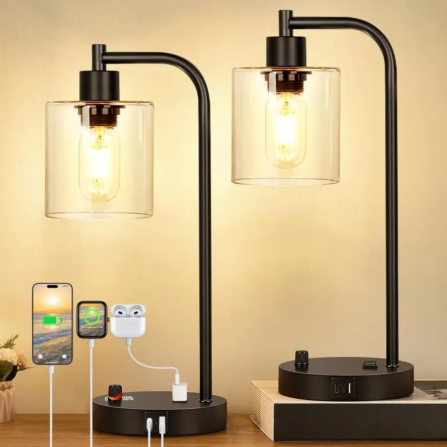 

Set of 2 Industrial Table Lamps with USB CA Ports and Outlet, Fully Stepless Dimmable Bedside Lamps for Bedrooms, Nightstand De