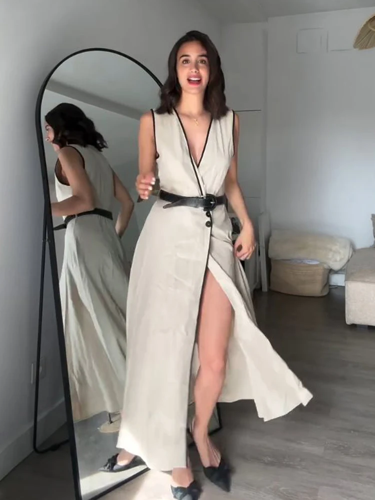 

HH Woman Elegant V-Neck Party Midi Dress Women Summer Sleeveless Single-Breasted Belted Blend Open-lined Embellished Dresses