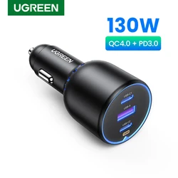 UGREEN 차량용 고속 4.0 3.0 PD 고속 충전 USB C타입 휴대폰 충전기, 아이폰 15, 14, 13 프로 노트북 태블릿용, 130W