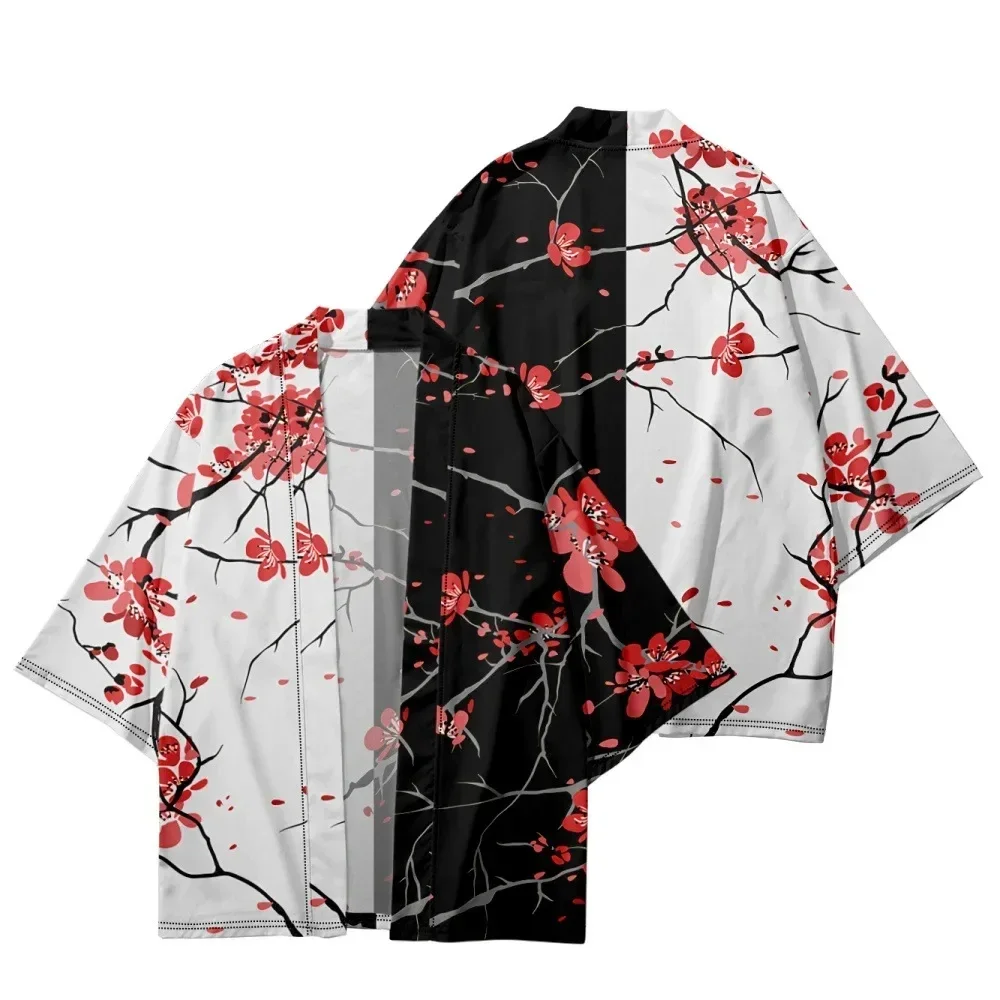 

Traditional Japanese Clothing Kimono Men's and Women's Haori Cardigan Red Printed Yukata, Black and White Beach Cardigan