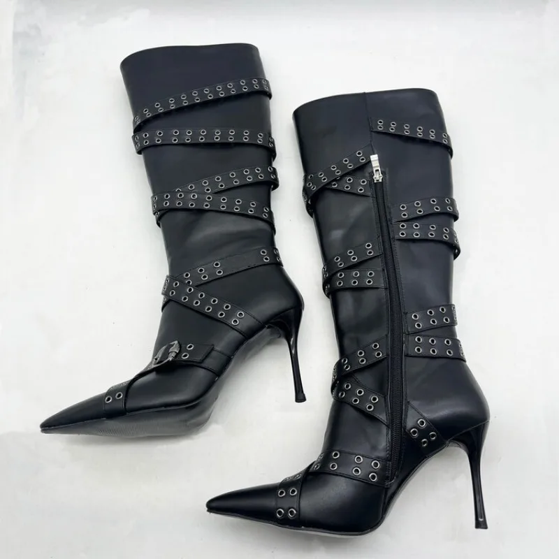 

European American Retro Motorcycle Rivet Fashion Boots 2023 New Pointed Metal Belt Buckle High Heels Boots 34-43 Women's Boots