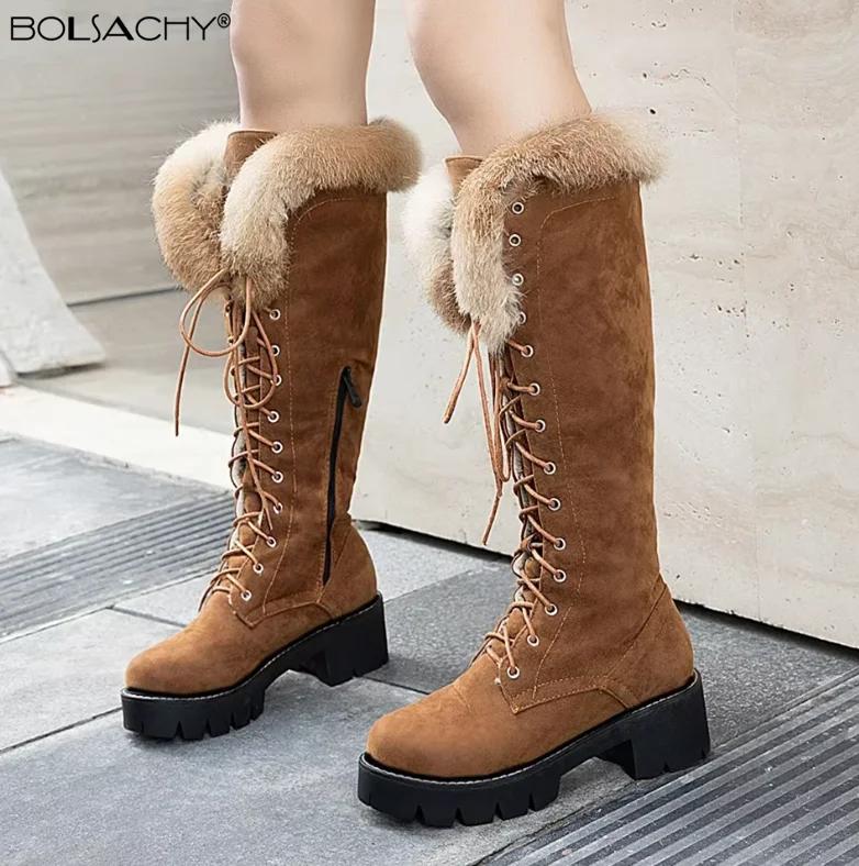 Lace-up Winter Shoes Women Snow Boots Real Fur Boots Women Knee High Suede Thick Heel Warm Outdoor With Zip Big Size 43 dropship