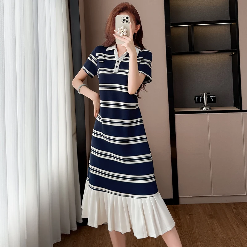 

plus Size Summer Fashion Elegant Stripe Design Hong Kong Style Pleated Slimming Dress Women's Midi Dress Polyester Fiber