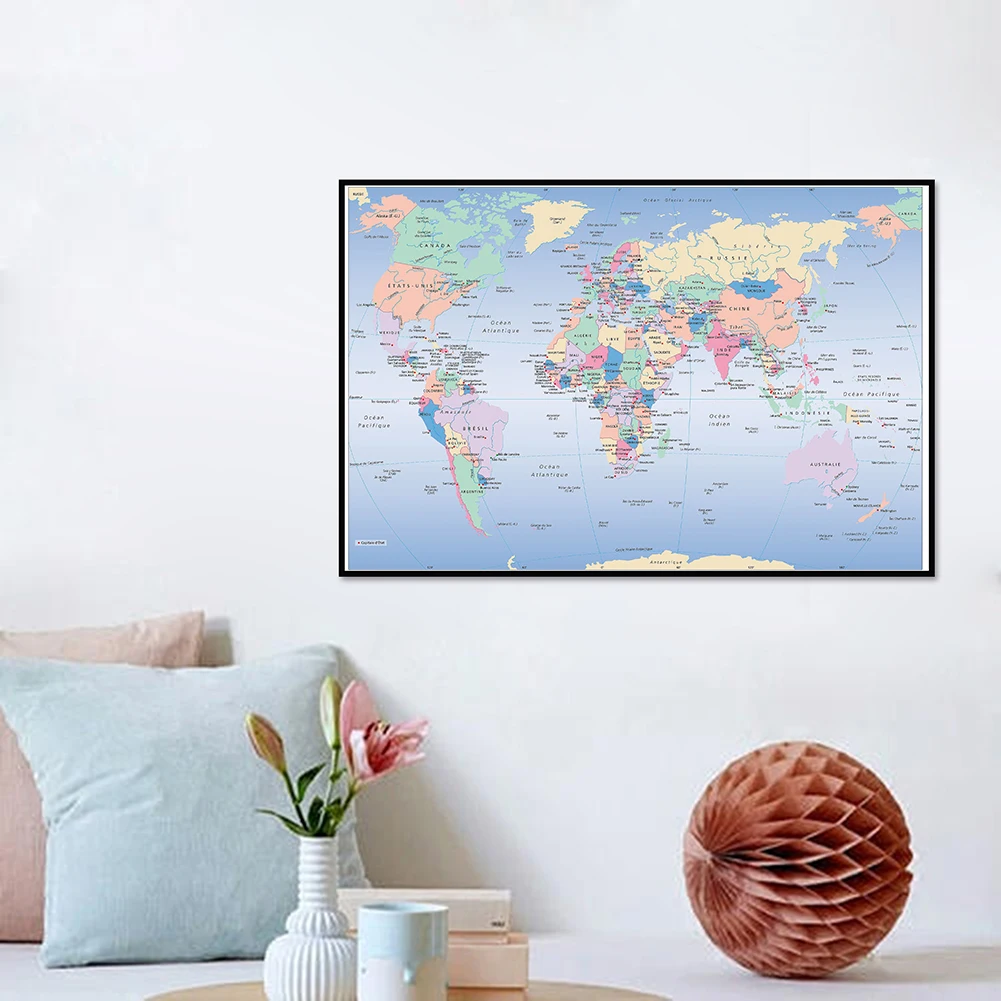 World Map A2 Size Map of The World in French Language Canvas Poster for School Classroom Decoration 59x42cm