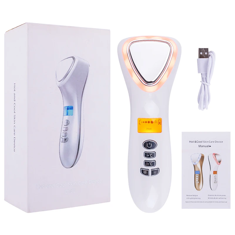 Urządzenie do pielęgnacji skóry z funkcją ciepłego i zimnego kompresowania, wibracjami sonicznymi, światłem czerwonym i niebieskim, poprawiające matowość, oczyszczające pory i wygładzające skórę.