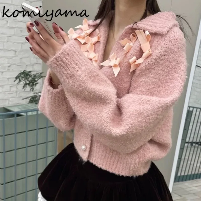 Patchwork 3d Bow 2024 Woman Cardigan Laple Neck Single Breasted Outerwears Long Sleeve Sweater Korean Ins Cardigans Ropa Mujer