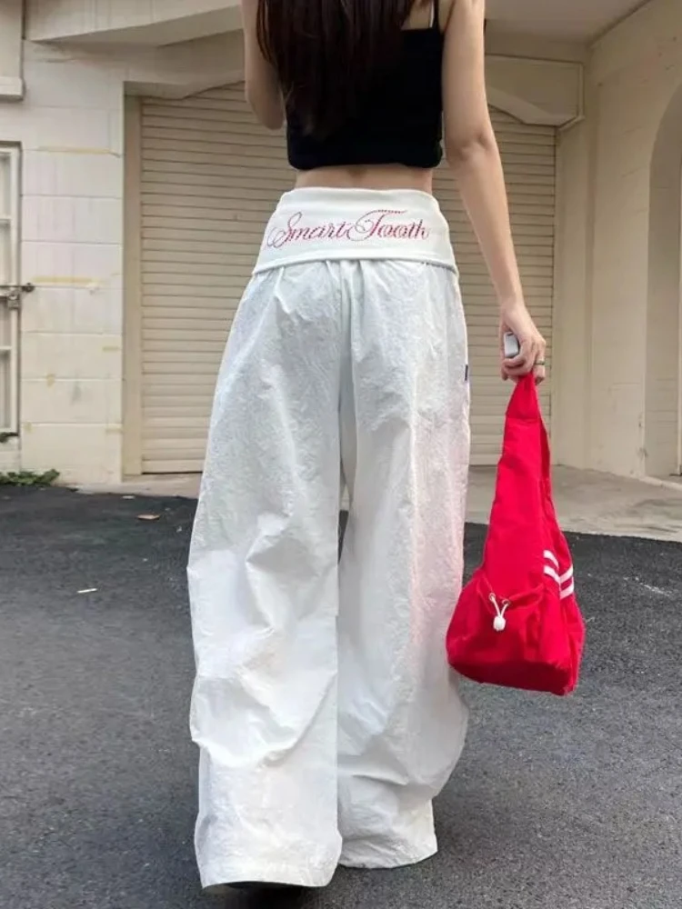 HOUZHOU Vintage Letter Women Cargo Pants Wide Leg Hip Hop American Style Parachute Pants Loose Grunge Trousers Streetwear Casual
