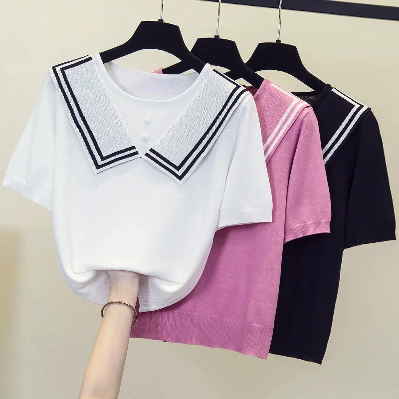 Ice Silk Thin Knitted Tshirt Sweater For Women 2023 Summer Hollow Colorful Striped Tops Tees Short Sleeve O-neck Loose Knitwear