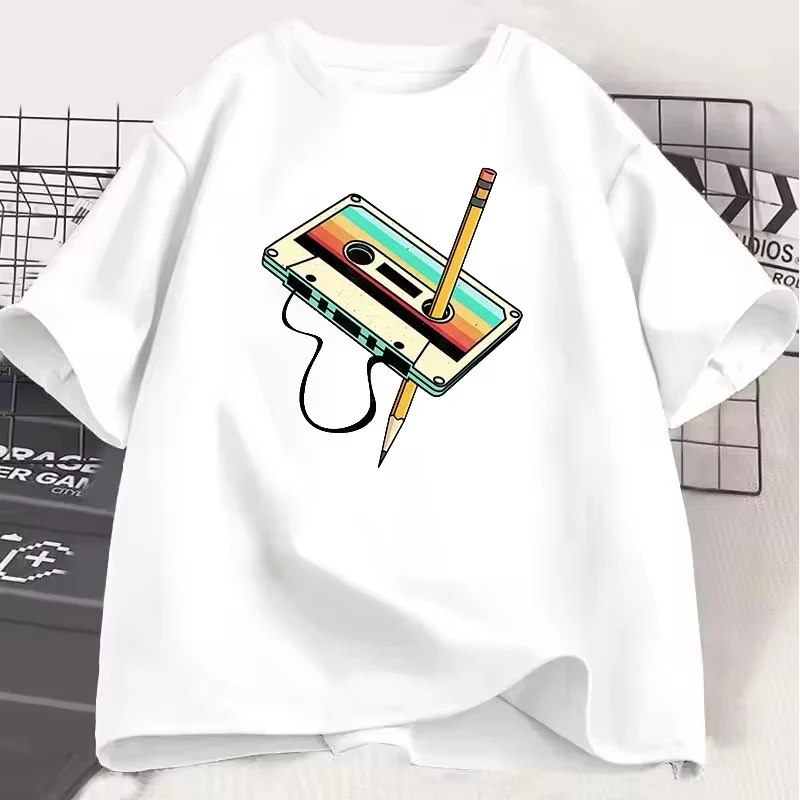 1980s Retro Music Men's Women's Short Sleeve 80s Cassette Ribbon Pencil Men's Women'sT-Shirt Oversized Loose Couple's T-Shirts