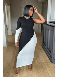 Women's Plus Size Dress One Sleeve Round Neck Sexy Casual Contrast Bodycon Dress Autumn Fashion Vintage Female Long Dresses