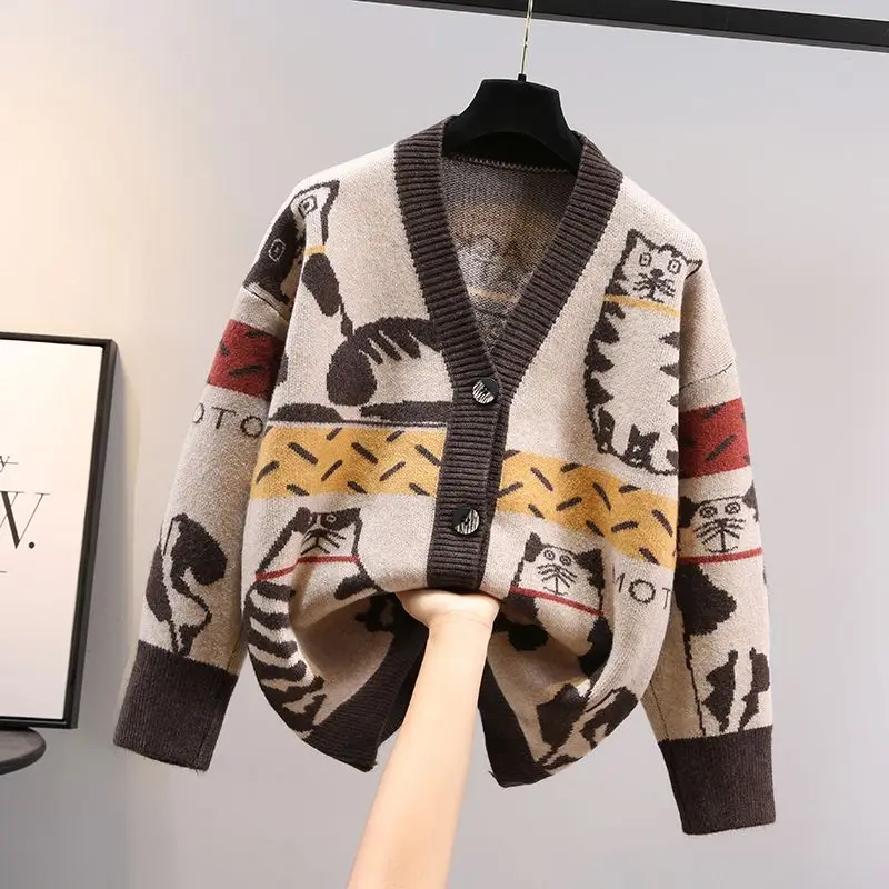 2024 New Women\'s Clothing Printing Knitting Sweaters Ladies Fashion Tops Buttons Cardigan Autumn Winter Long Sleeve Sweaters