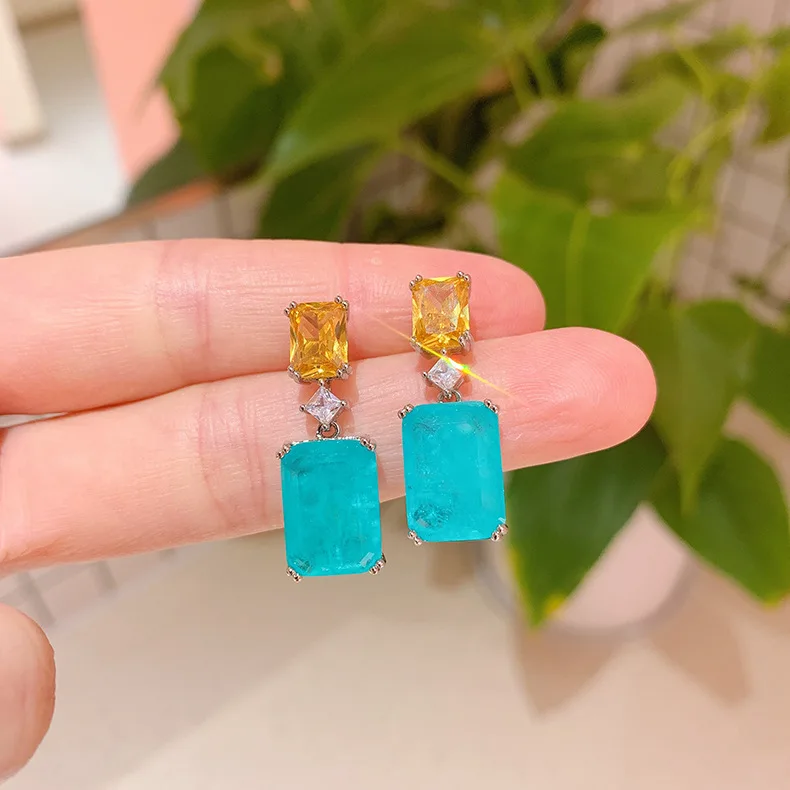Vintage Emerald Earrings Square Color Zircon 925 Stamps Fashion Paraiba Stud Earrings Women\'s Party Birthday Jewelry Gifts