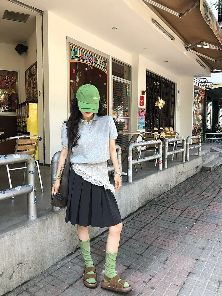 

Повседневная женская летняя универсальная футболка с вышитым воротником в студенческом стиле, дышащая, из хлопка