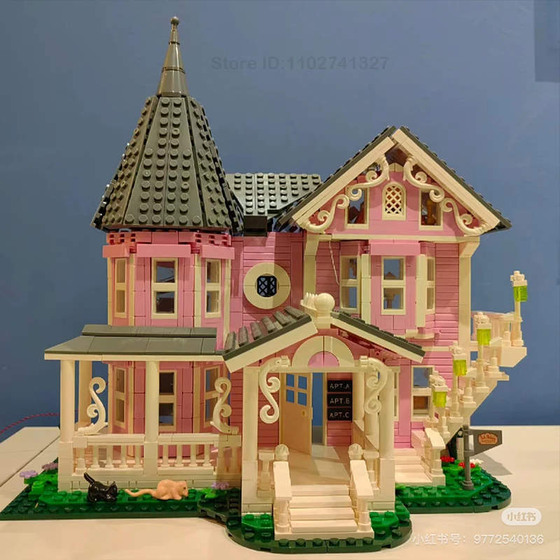 New Coralined Pink Palace Apartment Building Block Set Ideas Movie Architecture Model Toys For Boys And Girls Christmas Gifts