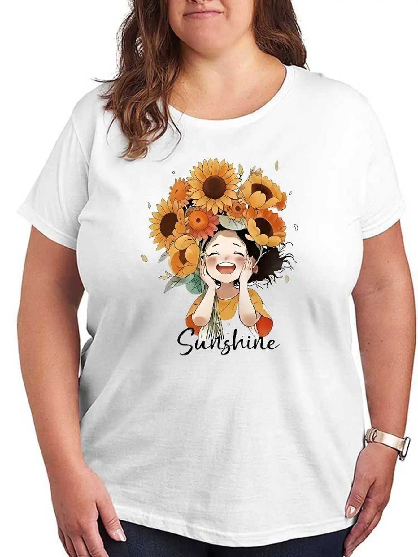 Sunflower Girl Graphic T Shirt Women Fashion Casual Stretchy Plus Size Short Sleeve Print Tee Summer Comfortable Soft Top Clothes