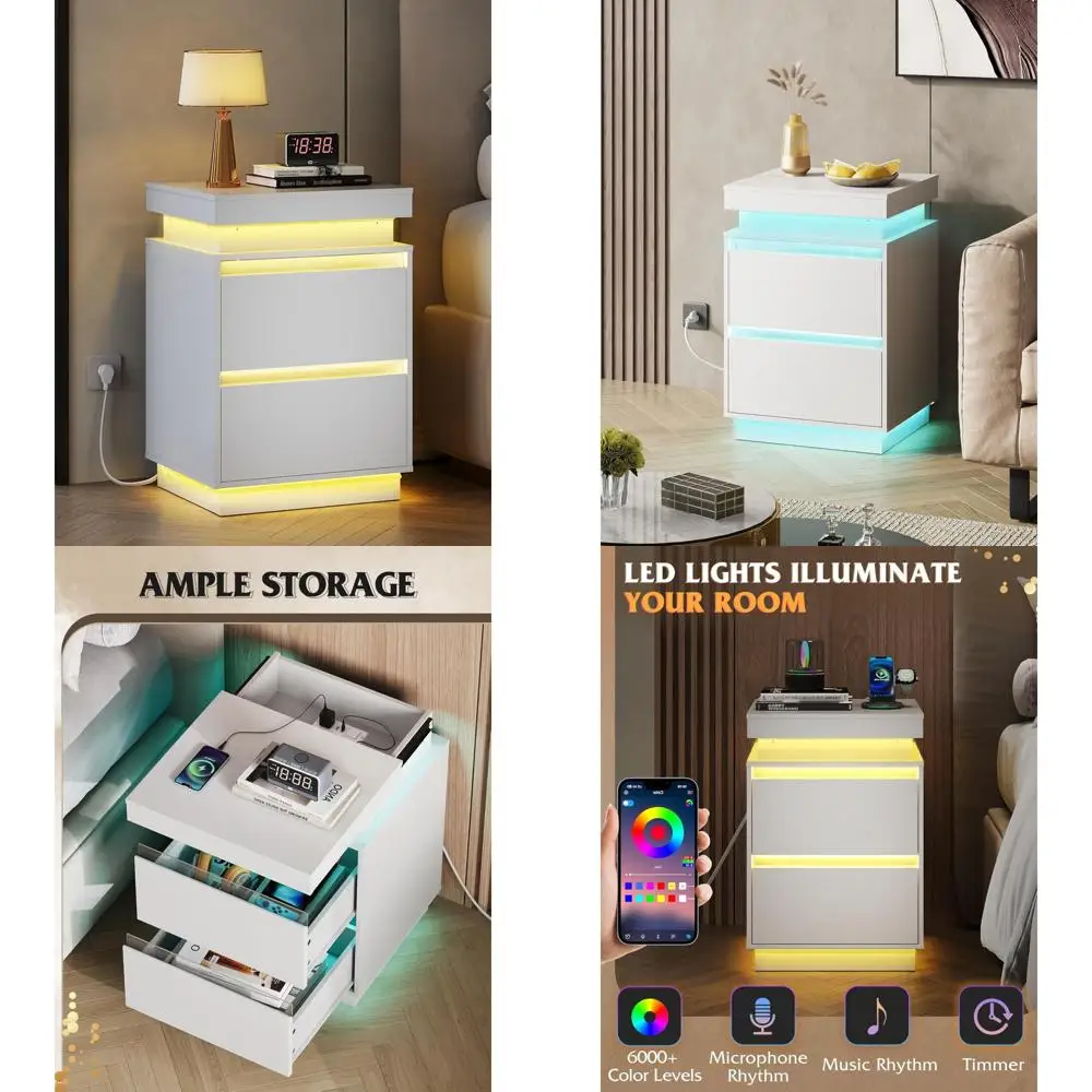 modern led-lit nightstand with dual drawers and charging station