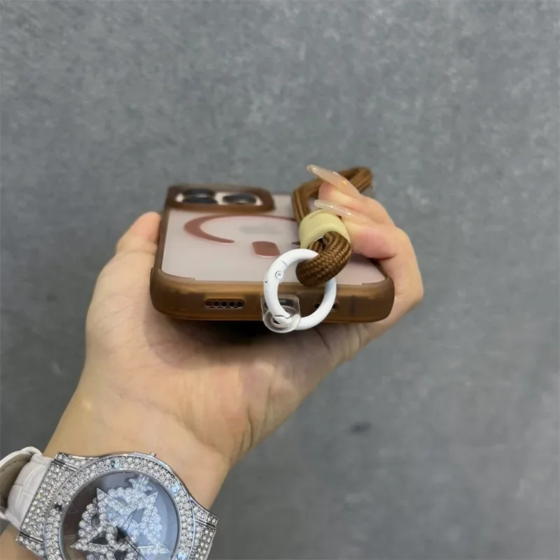 Matte for Magsafe Wrist Strap Case for iPhone 16 15 14 17 Pro Max Air 16 Plus 12 11 13 Lanyard Candy Translucent Magnetic Cover